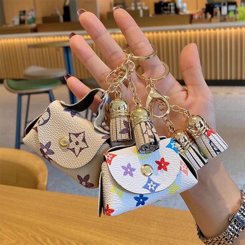 Blue Cute Mini PU Leather Coin Pouch with Tassel Keychain - Printed Pattern Earphone Holder, Small Key Bag for Women, Lightweight Everyday Accessory