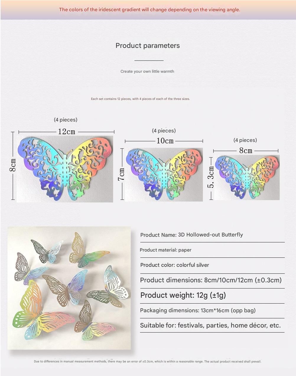 3D Butterfly Wall Stickers - Iridescent Silver Paper - 72pcs Set, Hollow Cut Design, Removable Decor for Home, Party, Wedding, Kids Room, Easy Peel and Stick-Style D