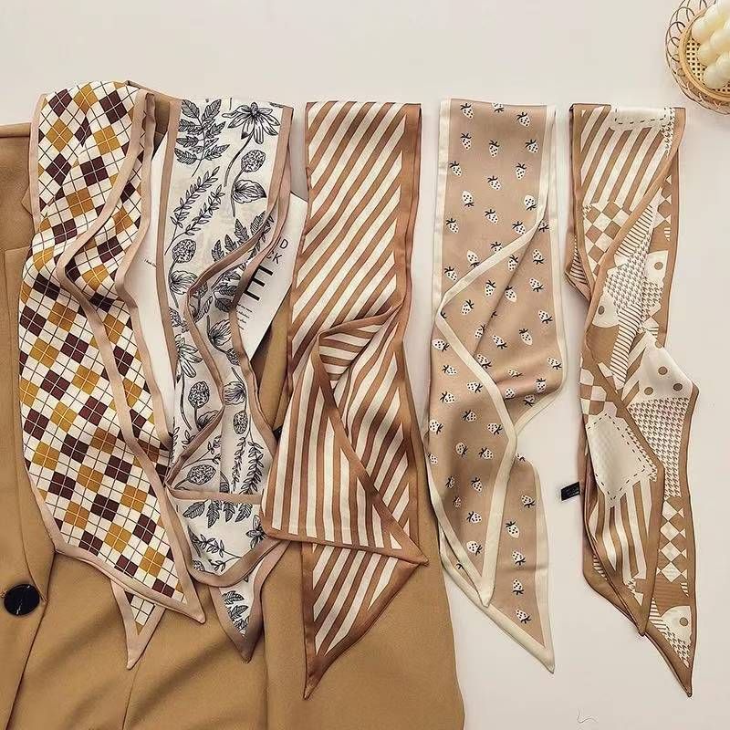 2-piece Coffee Geometry and Strawberry French Style Long Silk Scarf - Coffee  Print - Versatile Skinny Neck Ribbon, Hair Tie, Bag Handle Accessory, Elegant Office Wear, Lightweight Polyester