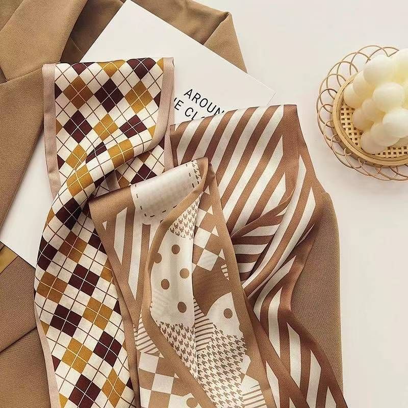 2-piece Coffee Geometry and Strawberry French Style Long Silk Scarf - Coffee  Print - Versatile Skinny Neck Ribbon, Hair Tie, Bag Handle Accessory, Elegant Office Wear, Lightweight Polyester