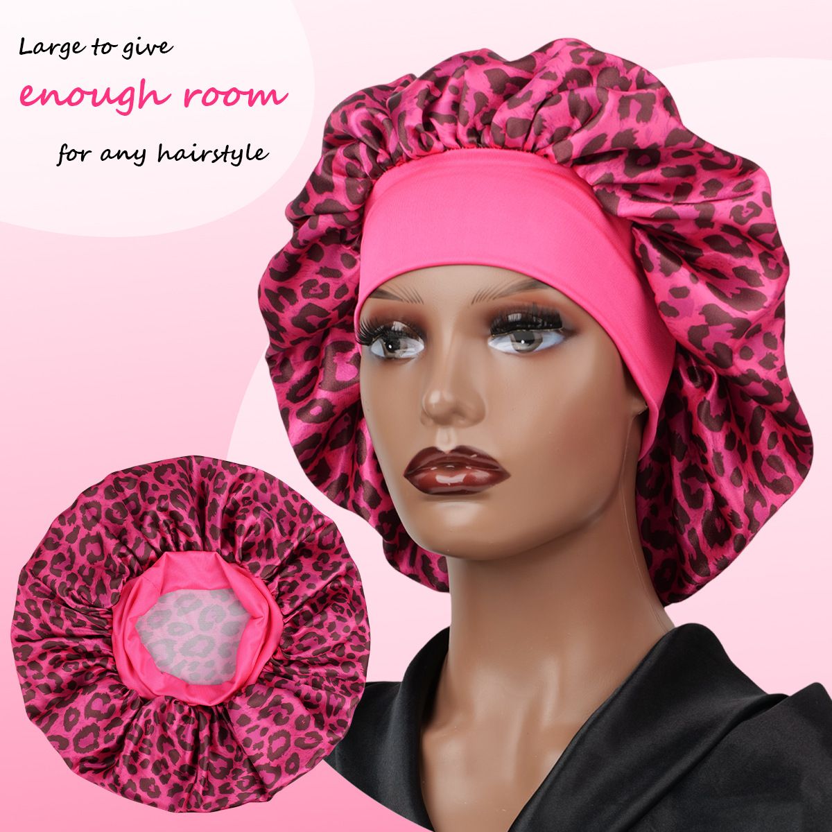 Capiricorn -Rose Red Leopard Print Satin Sleep Bonnet -  Large Size Hair Protection Cap with Elastic Band, Soft Lined for Curly Hair, Night Wear and Spa Use