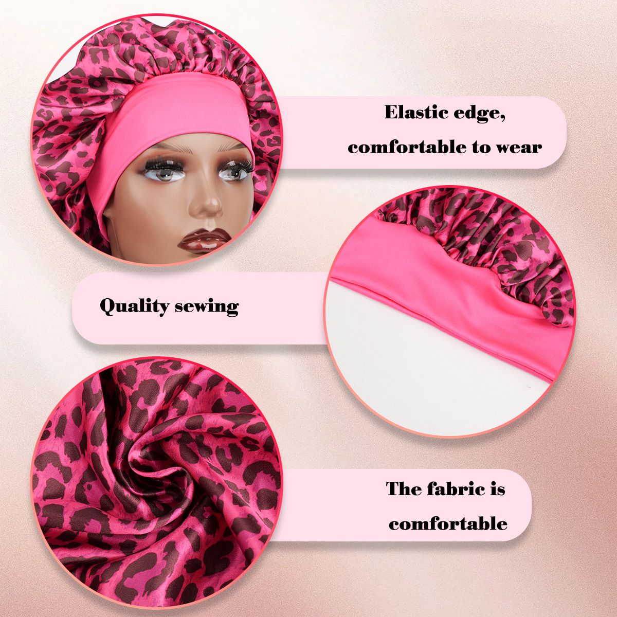 Virgo -Rose Red Leopard Print Satin Sleep Bonnet -  Large Size Hair Protection Cap with Elastic Band, Soft Lined for Curly Hair, Night Wear and Spa Use