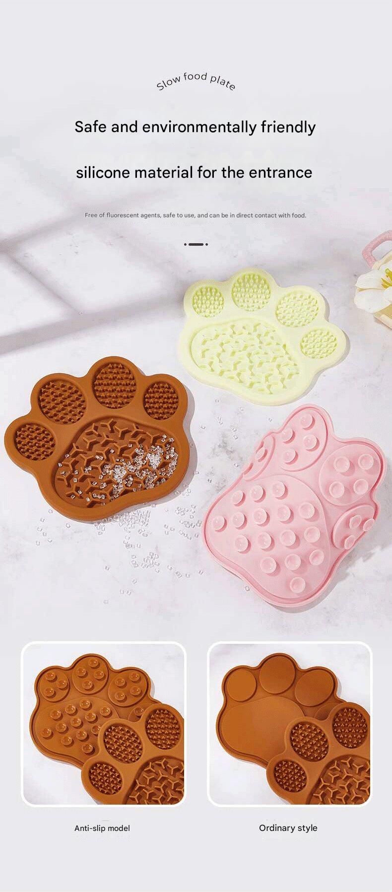Pink Silicone Slow Feeder Lick Mat for Dogs and Cats - Paw Shaped Non Slip Pet Bowl with Suction Cups - BPA Free, Dishwasher Safe, Freezer Safe, Anxiety Relief, Easy Clean, 20x17cm - Pink, Brown, Yellow