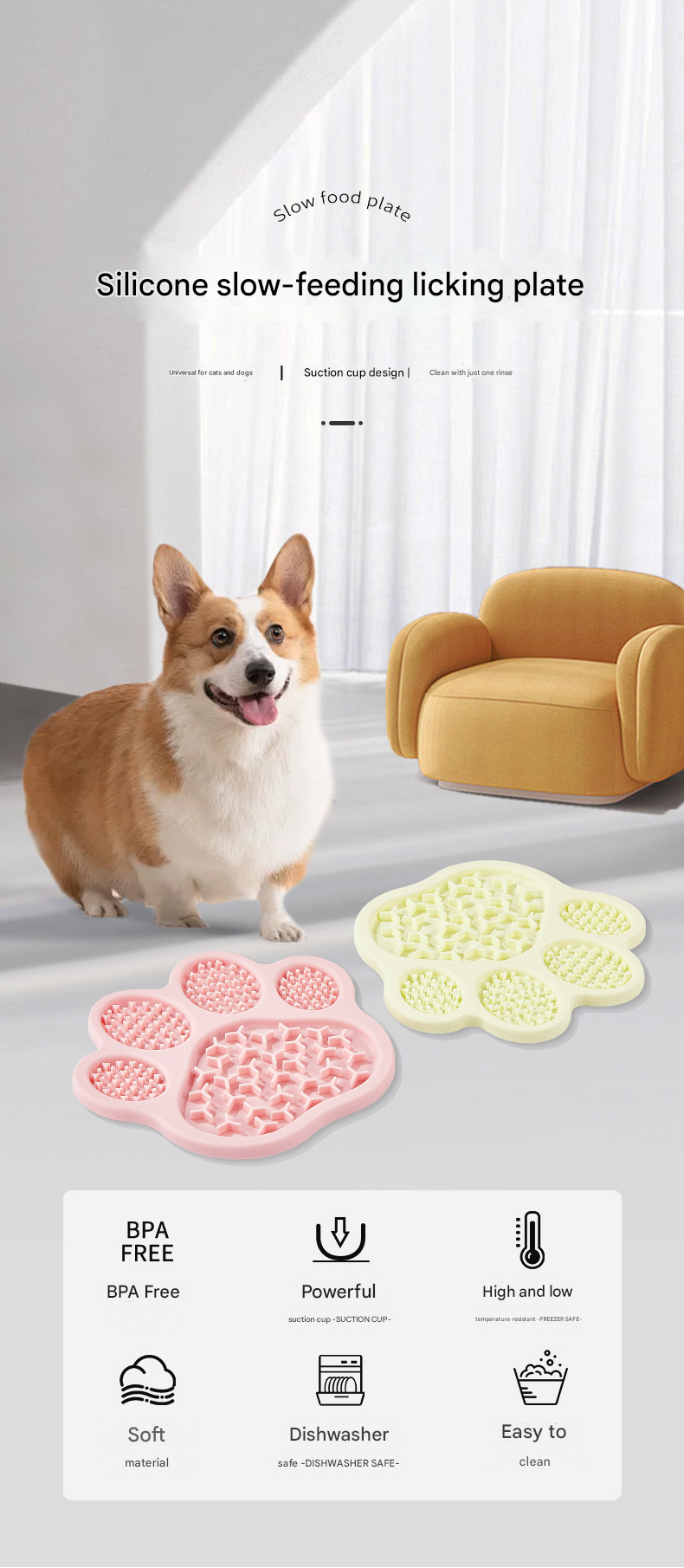 Light Yellow Silicone Slow Feeder Lick Mat for Dogs and Cats - Paw Shaped Non Slip Pet Bowl with Suction Cups - BPA Free, Dishwasher Safe, Freezer Safe, Anxiety Relief, Easy Clean, 20x17cm - Pink, Brown, Yellow