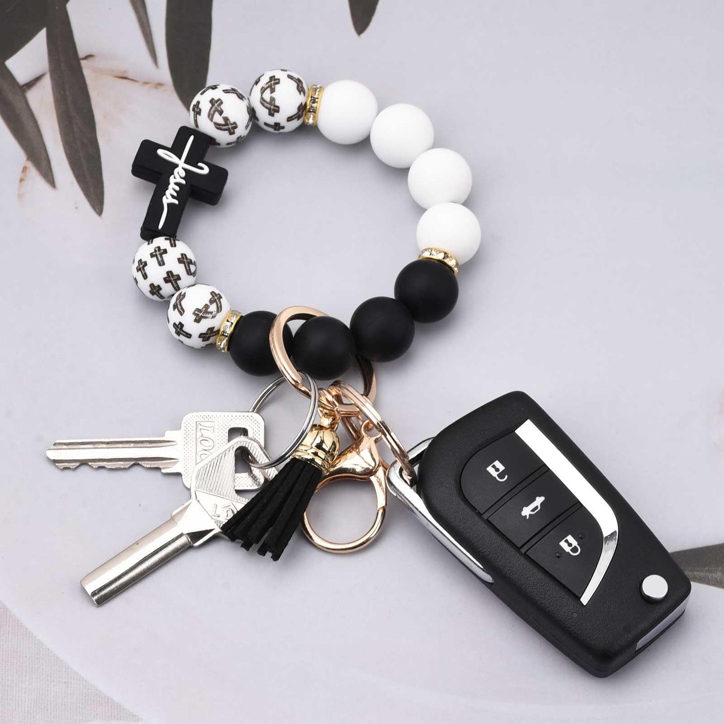 Black and White Silicone Bead Keychain Bracelet with Cross Charm and Tassel - Black, White, Teal, Leopard Print - Fashion Wristlet Key Ring for Women, Gift Friendly