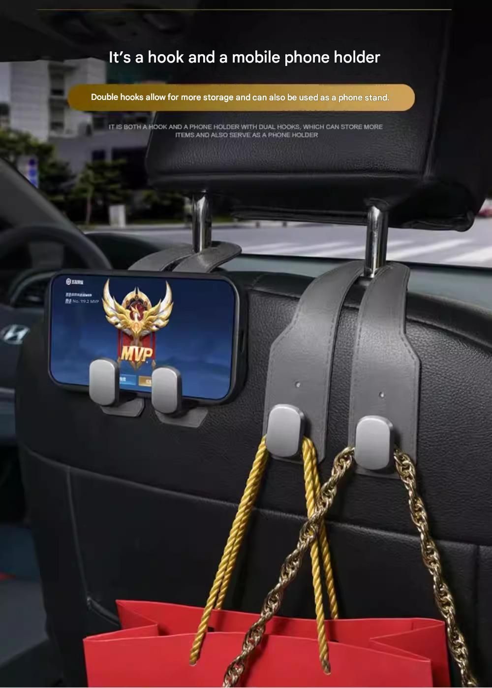 2-piece Black and Brown ABS Dual-Hook Car Seat Back Hanger — Foldable, Faux-Suede Headrest Hook; The ideal companion for hanging handbags and shopping bags, also doubles as a mobile phone holder