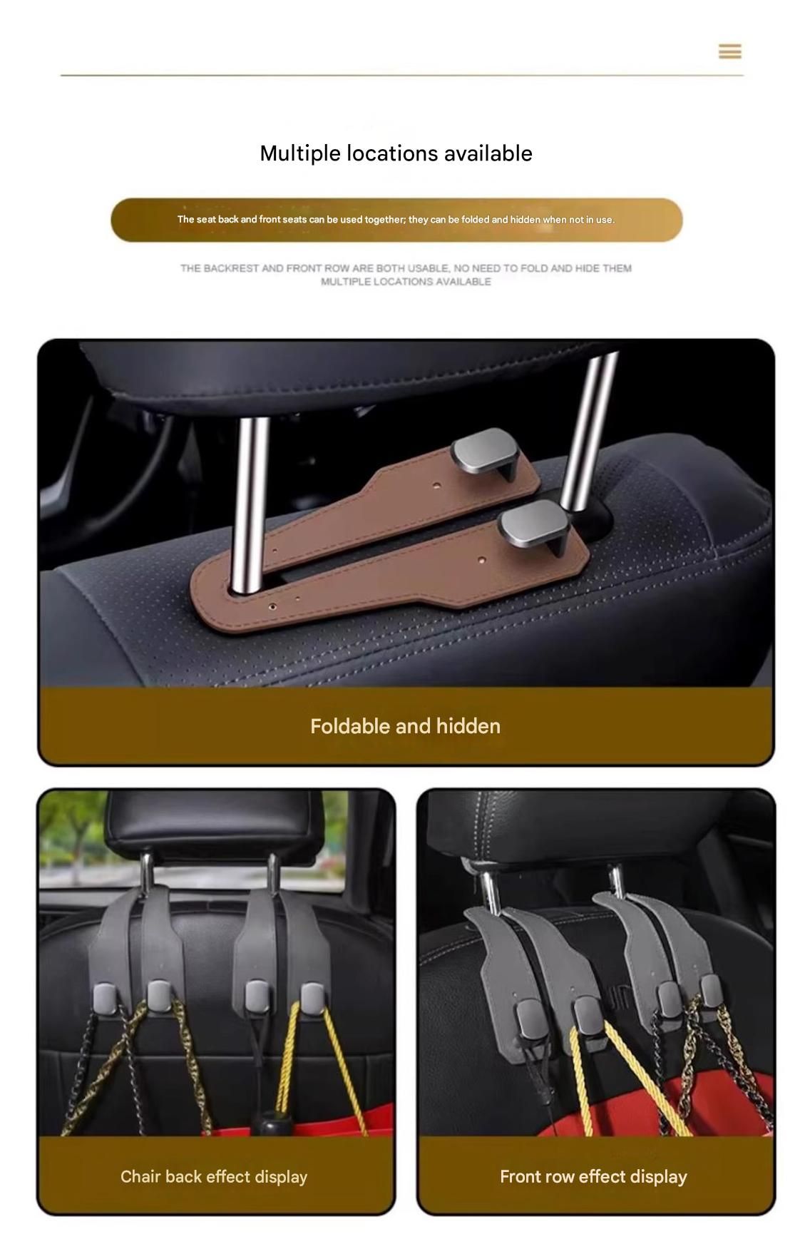 2-piece Black and Brown ABS Dual-Hook Car Seat Back Hanger — Foldable, Faux-Suede Headrest Hook; The ideal companion for hanging handbags and shopping bags, also doubles as a mobile phone holder