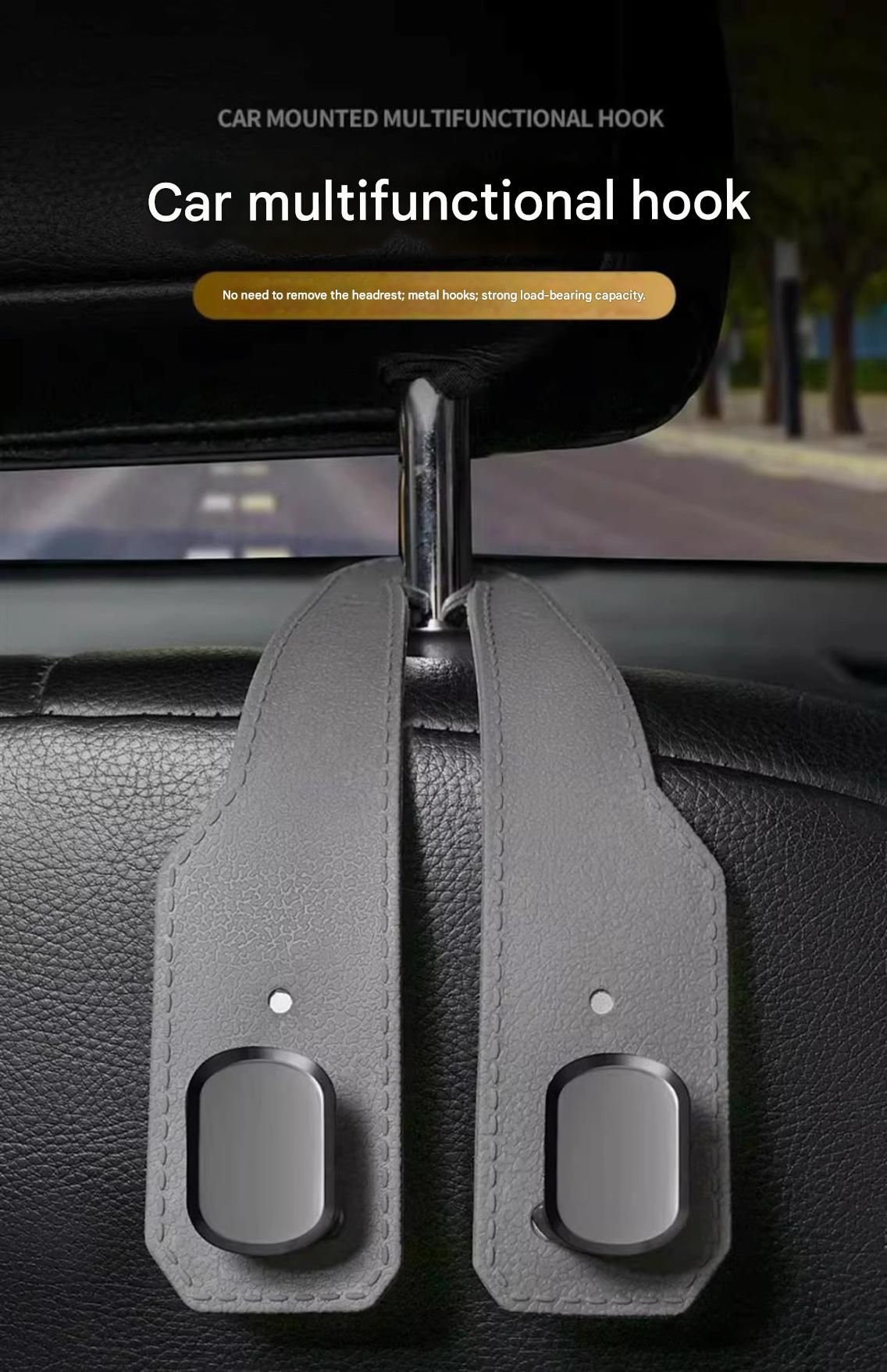2-piece Black and Brown Alloy Dual-Hook Car Seat Back Hanger — Foldable, Faux-Suede Headrest Hook; The ideal companion for hanging handbags and shopping bags, also doubles as a mobile phone holder
