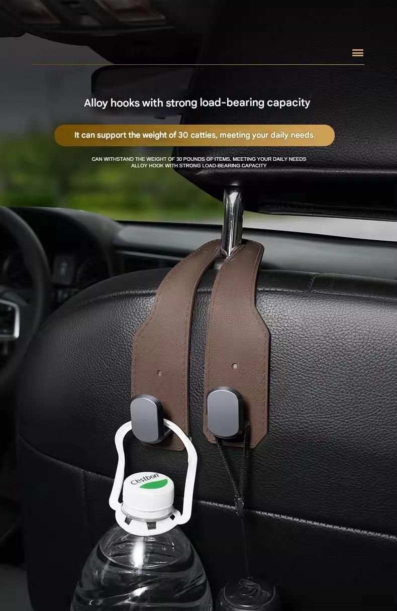 2-piece Brown and Grey Alloy Dual-Hook Car Seat Back Hanger — Foldable, Faux-Suede Headrest Hook; The ideal companion for hanging handbags and shopping bags, also doubles as a mobile phone holder