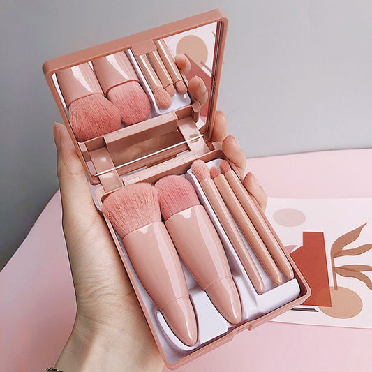 Coffee-colored 5-Piece Compact Makeup Brush Set with Mirror - Synthetic Fibre Travel Case with Foundation, Powder & Blush Brushes - Portable Beauty Tool Kit for On-the-Go Touch-Ups