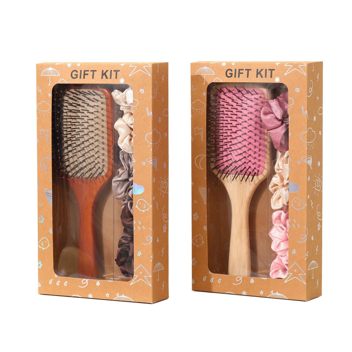 Black Paddle Hair Brush Gift Set with Satin Scrunchies - Cushion Airbag Design for Scalp Massage and Detangling, Gift Ready Pack for Women and Girls, Ideal for Daily Hair Care and Styling