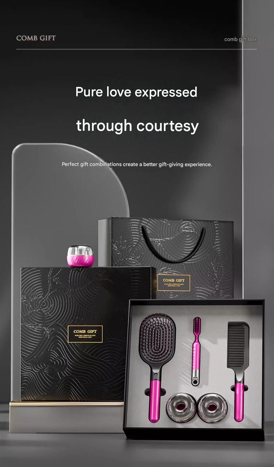 Rose Red 3-Piece Gift Box Set Premium ABS Hair Care Gift Set with Cushion Paddle Brush, Detangling Comb, Cleaning Brush & Stand - Elegant Mother’s Day or Couple’s Gift for Daily Styling and Scalp Comfort
