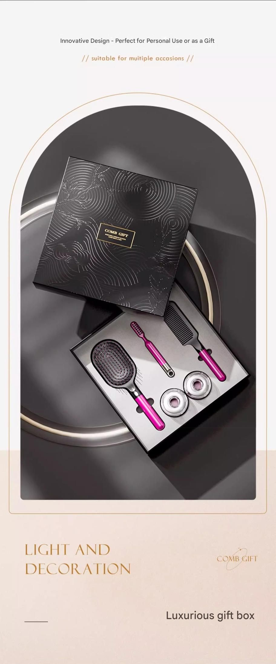 Black 3-Piece Gift Box Set Premium ABS Hair Care Gift Set with Cushion Paddle Brush, Detangling Comb, Cleaning Brush & Stand - Elegant Mother’s Day or Couple’s Gift for Daily Styling and Scalp Comfort
