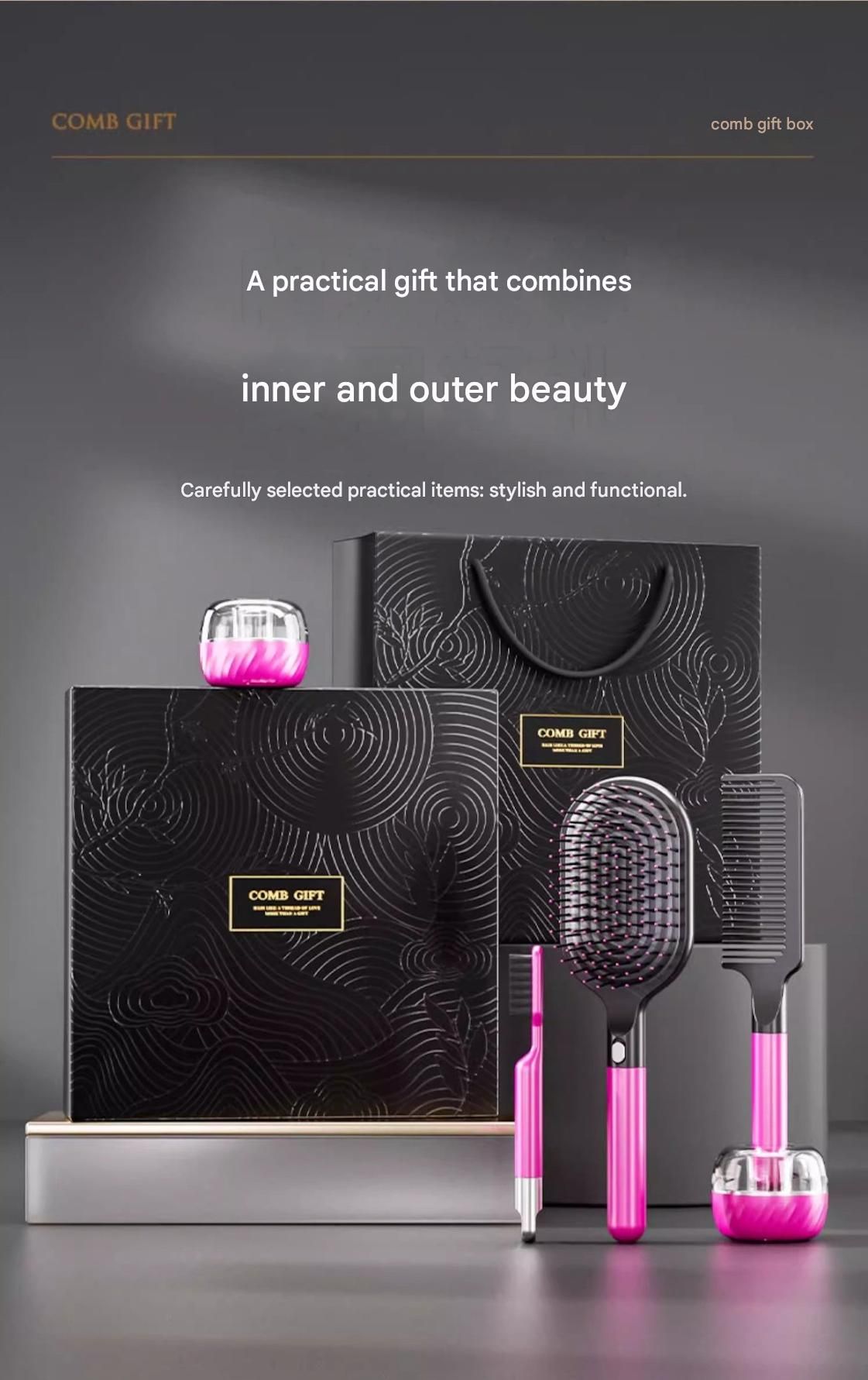 Rose Red 5-Piece Gift Box Set Premium ABS Hair Care Gift Set with Cushion Paddle Brush, Detangling Comb, Cleaning Brush & Stand - Elegant Mother’s Day or Couple’s Gift for Daily Styling and Scalp Comfort