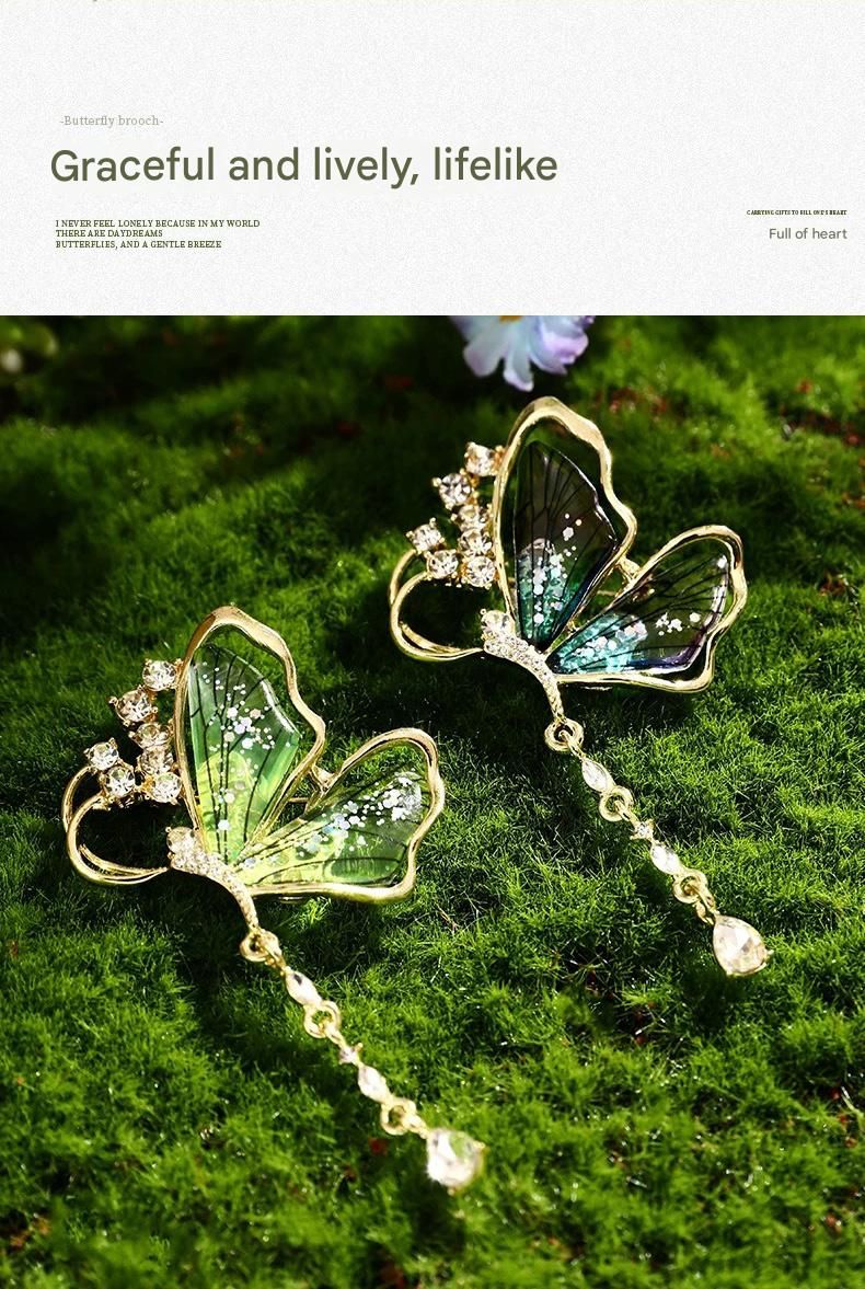Green Butterfly Brooch - Green Enamel Crystal Tassel Pin - Elegant Alloy Jewelry for Women, Gift for Mom, Teacher, Friend, Birthday, Valentine's Day, Mother's Day