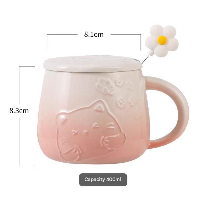 Blue Gradient Cat Ceramic Mug with Lid and Spoon - 400ml Porcelain Coffee Cup - Adorable 3D Cat Design, Pastel Colour, Gift Box Included - Ideal for Home, Office, or as a Present for Women and Cat Lovers