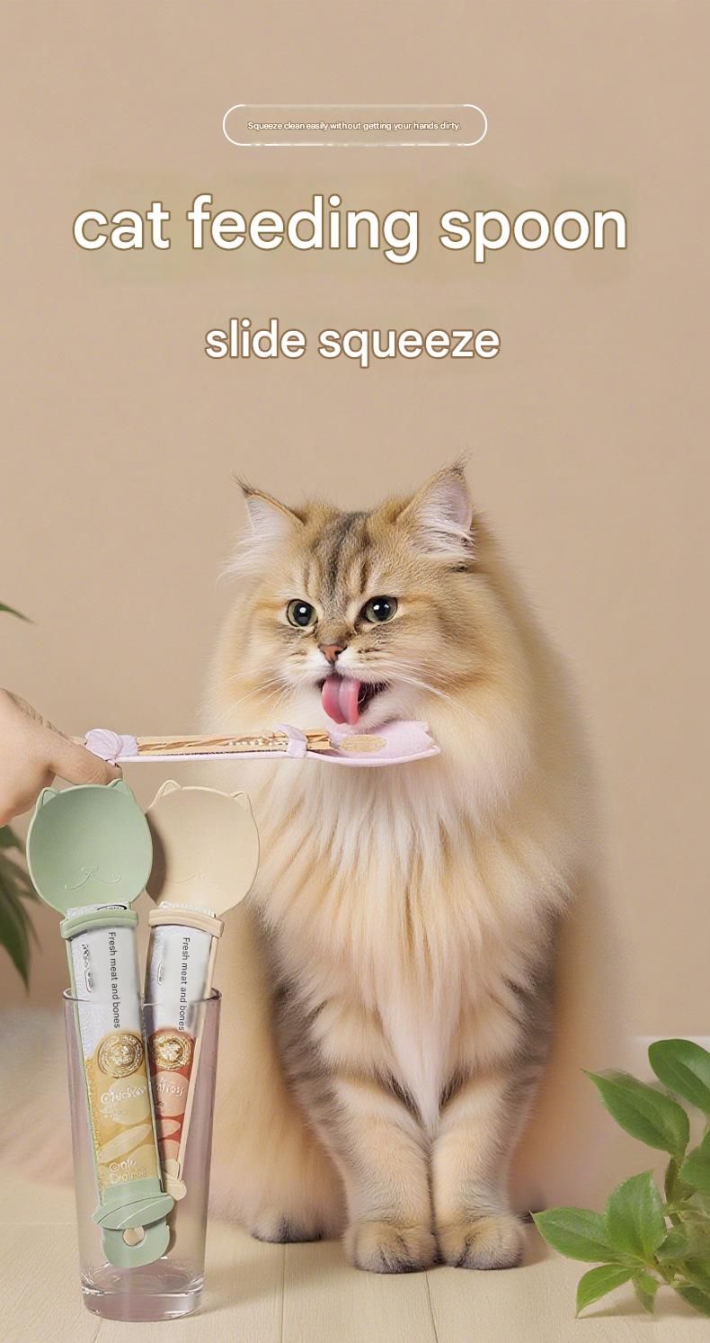 Green Cat Treat Spoon for Wet Food & Paste - Extra-Long PP Handle, Food-Grade Squeeze Feeder with Anti-Spill Bowl, Easy One-Handed Operation for Cats