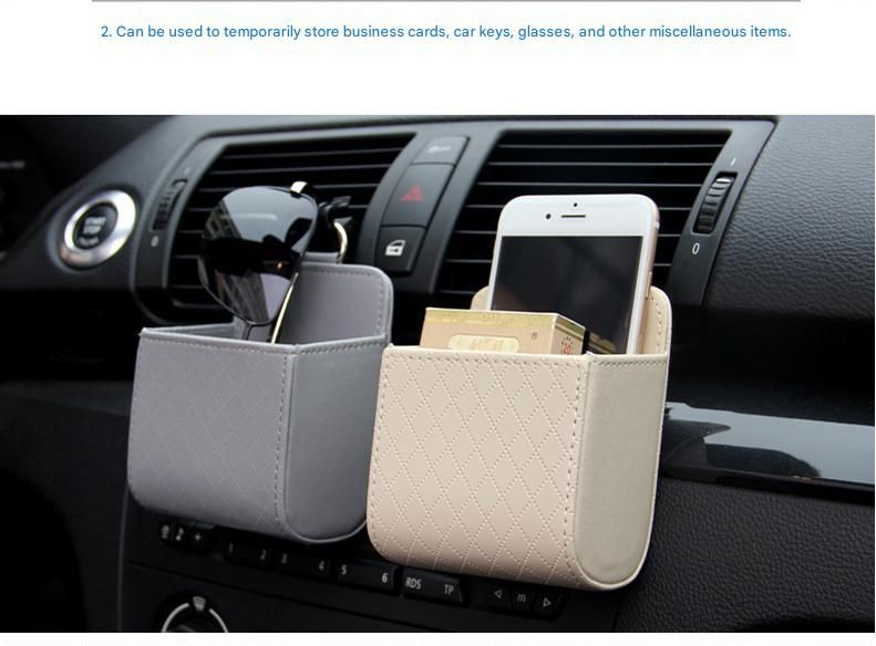 Black Leather Car Air Vent Storage Bag - Multi-Purpose Phone Holder & Organiser Pouch for Sunglasses, Keys, Cards - Universal Fit, Easy Install, Compact Design for Dashboard Tidy