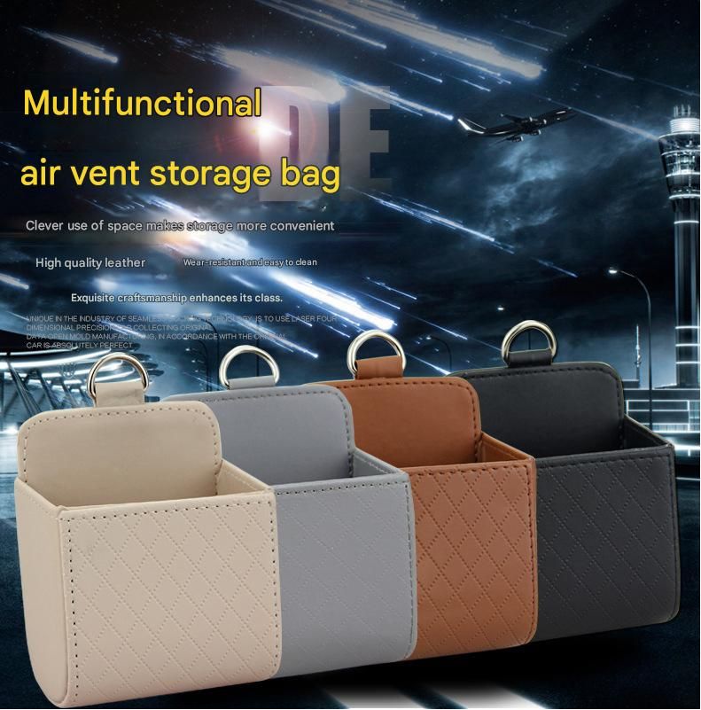 Beige Leather Car Air Vent Storage Bag - Multi-Purpose Phone Holder & Organiser Pouch for Sunglasses, Keys, Cards - Universal Fit, Easy Install, Compact Design for Dashboard Tidy