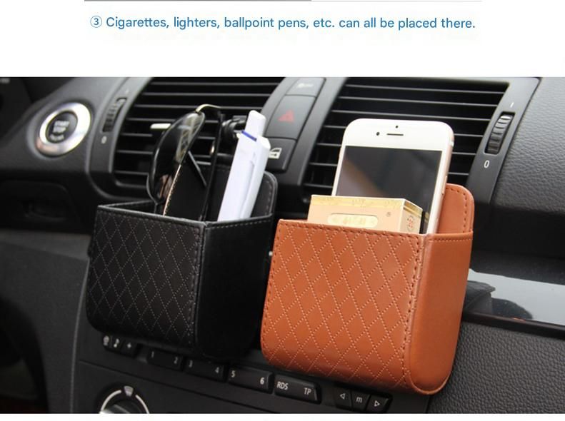 Grey Leather Car Air Vent Storage Bag - Multi-Purpose Phone Holder & Organiser Pouch for Sunglasses, Keys, Cards - Universal Fit, Easy Install, Compact Design for Dashboard Tidy