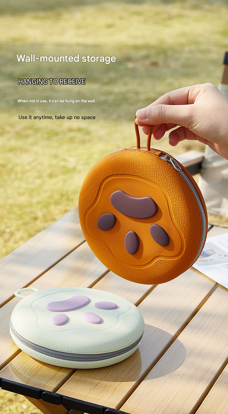 Light Yellow Portable Collapsible Silicone Pet Bowl - Food Grade Silicone - Dual Bowl Design, Adjustable Height, Lightweight & Compact, Bear Paw Pattern, for Dogs & Cats, Travel Friendly, Easy Clean
