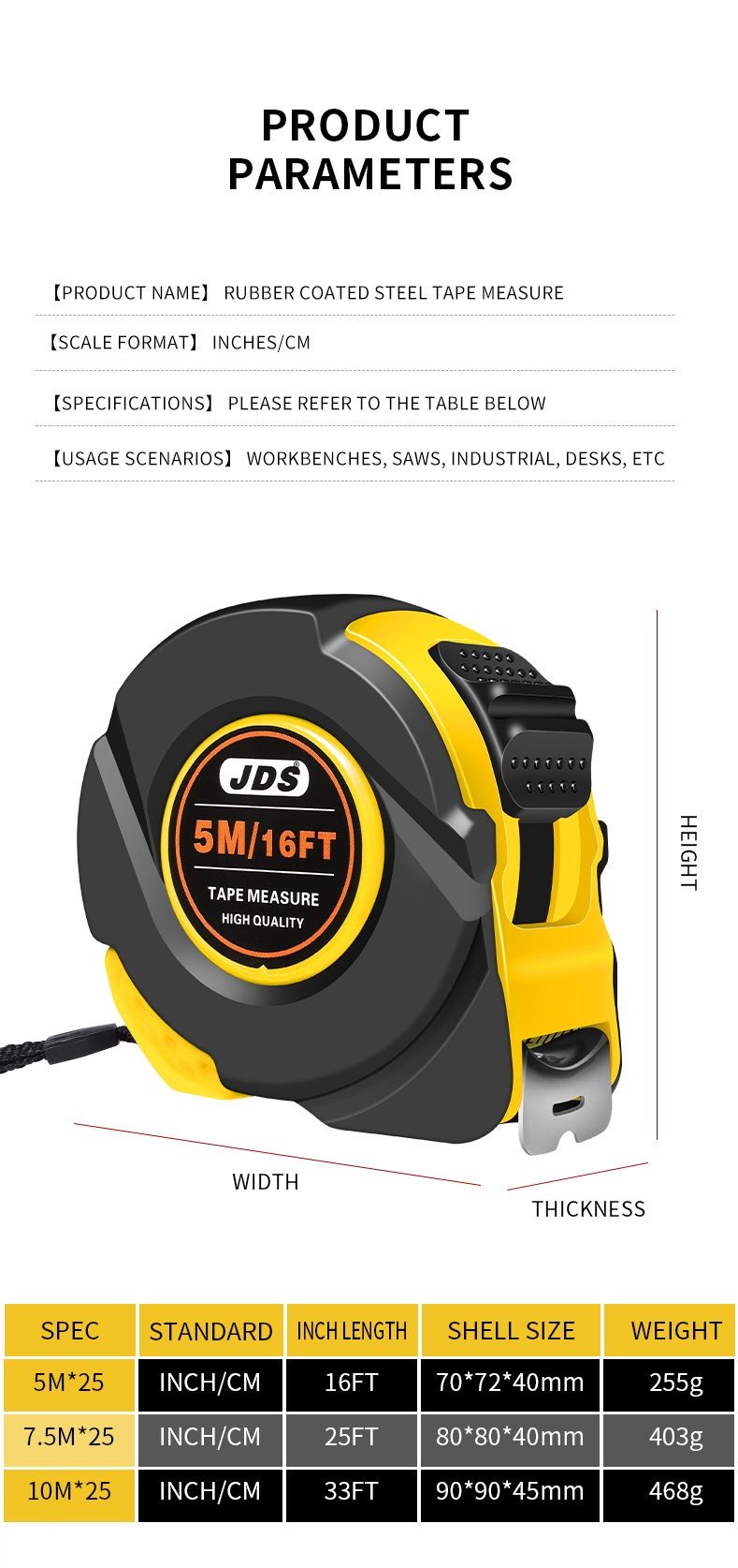 10M Heavy Duty Steel Tape Measure -  Metric & Imperial Dual Scale - High Carbon Steel Blade, Anti-Slip ABS+TPR Casing, Push-Button Lock, Wear-Resistant for Construction & DIY
