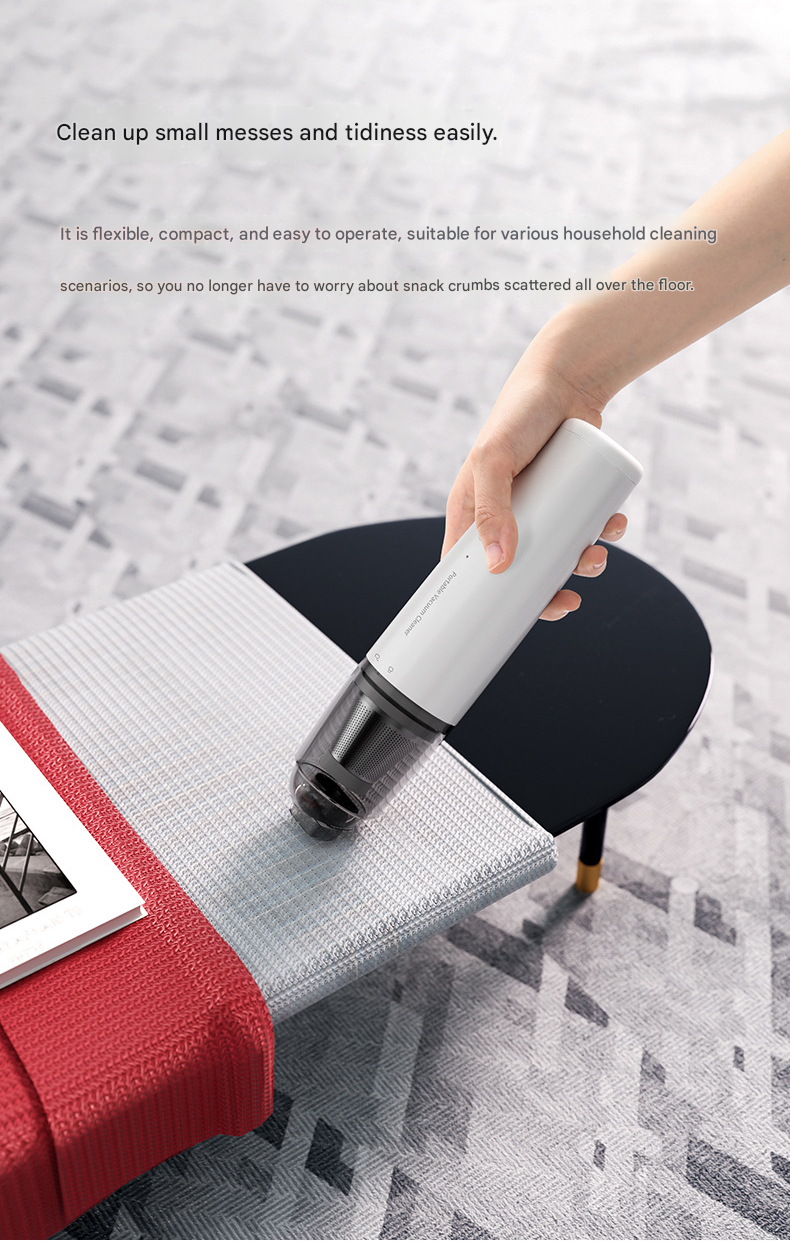 White Mini Portable Car Vacuum Cleaner - 120W Strong Suction, Handheld Wireless, Lightweight 300g, Wet and Dry Use, for Car Interior, Home, Office, and Travel
