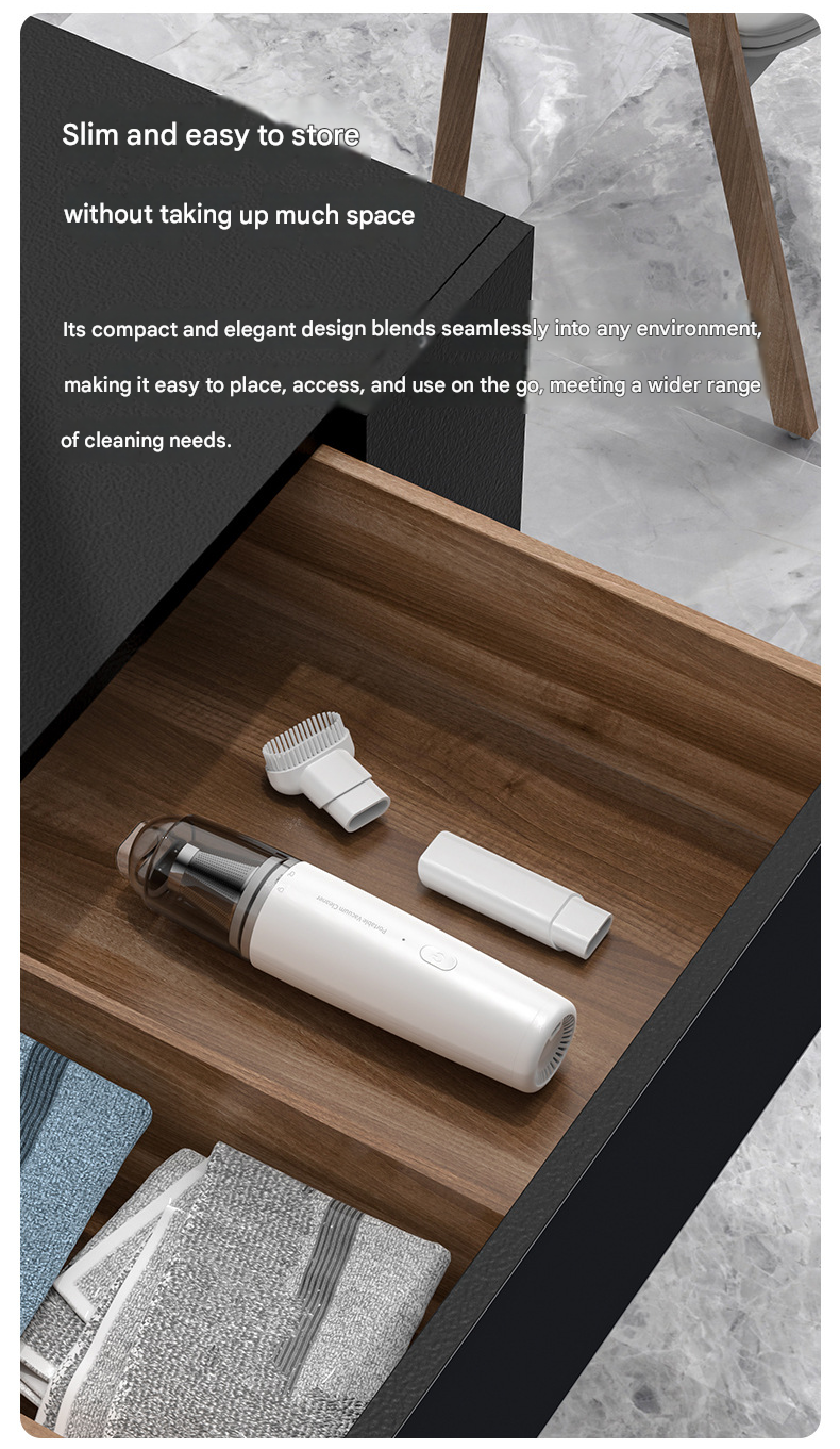 White Mini Portable Car Vacuum Cleaner - 120W Strong Suction, Handheld Wireless, Lightweight 300g, Wet and Dry Use, for Car Interior, Home, Office, and Travel