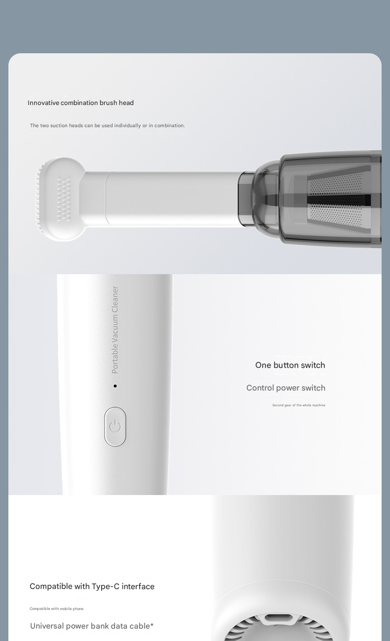 White Mini Portable Car Vacuum Cleaner - 120W Strong Suction, Handheld Wireless, Lightweight 300g, Wet and Dry Use, for Car Interior, Home, Office, and Travel