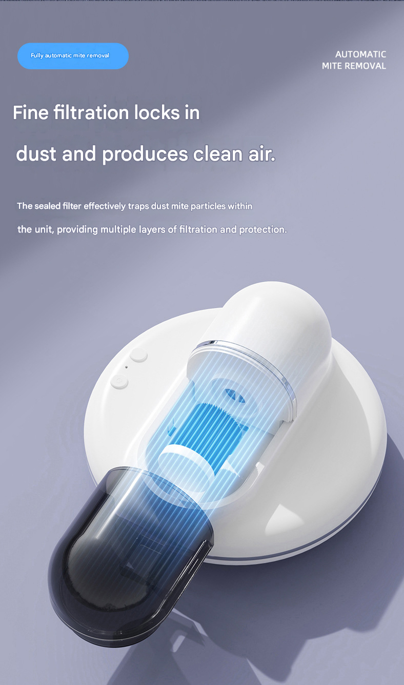 White Automatic Intelligent Walking Mite Removal Robot - UV Sterilisation, High Frequency Beating, Strong Suction, Wireless Rechargeable Bed Vacuum for Mattress, Sofa, Carpet, Pet Hair