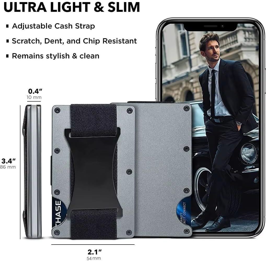Fluorescent green Slim RFID Blocking Aluminum Card Holder - Metal Wallet with Cash Strap Minimalist Card Case