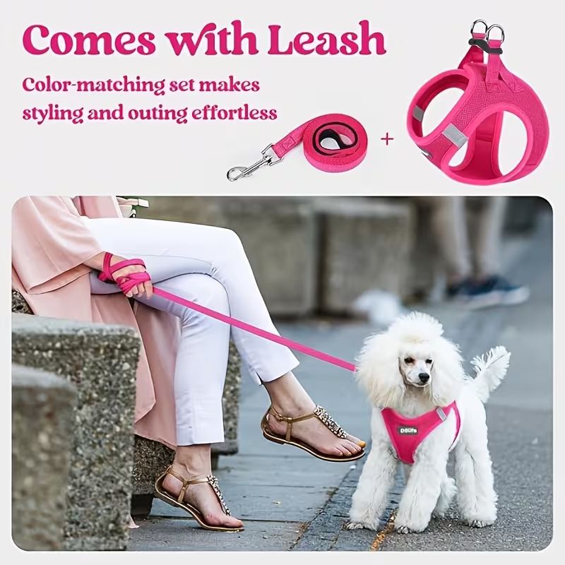 Rose red Breathable Dog Harness and Leash Set - Adjustable Reflective Pet Vest with Swivel Clip(Size: XS)