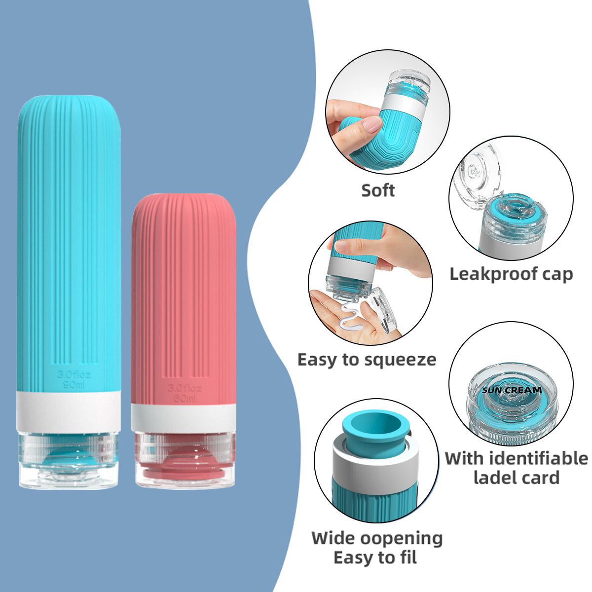 Silicone Travel Toiletry Bottles Set Leakproof Squeeze Containers with Case(05)