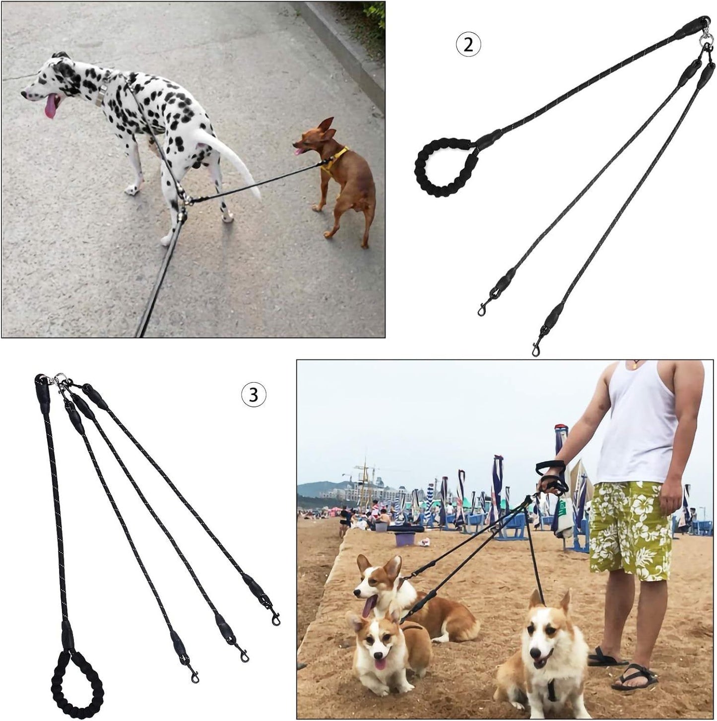 Black 3-in-1 No-Tangle Dog Leash for 1-3 Small Large Dogs – Heavy Duty 360° Swivel Bungee Coupler with Reflective Nylon Braid & Padded Handle