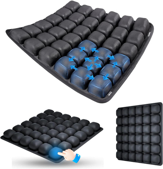 Black Portable 3D Aircell Travel Inflatable Seat Cushion with Built-in Pump – 36 Airbags Ergonomic Pressure Relief Pad with Lycra Cover & Non-Slip Base for Office Car Flight Long Sitting