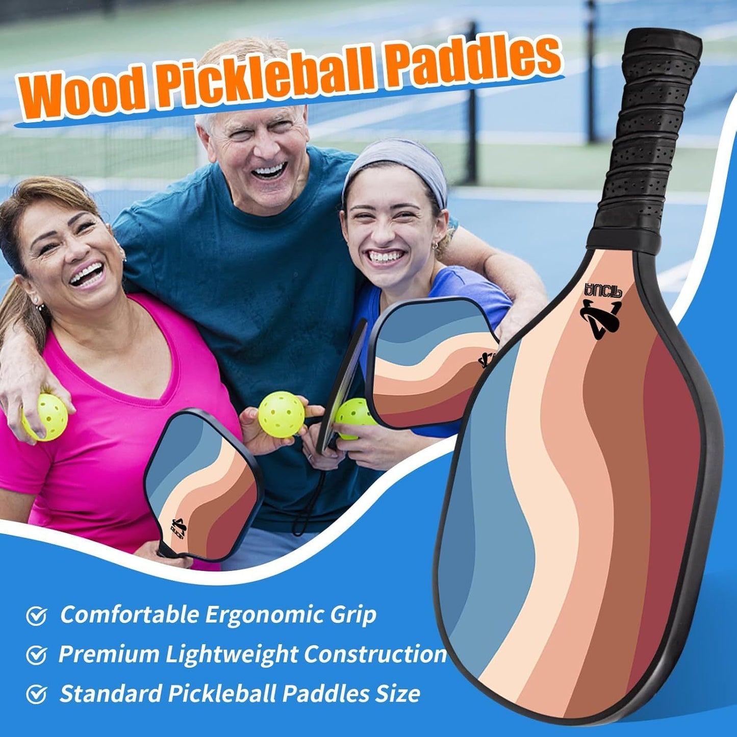 Lightweight 9-Ply Hard Basswood Pickleball Paddle Set with Curved Stripes Design - 4 Durable Paddles + 4 Balls + Ball Mesh Bag + Carrying Backpack for Indoor & Outdoor Play - Professional Size Construction, Breathable Non-Slip Grip