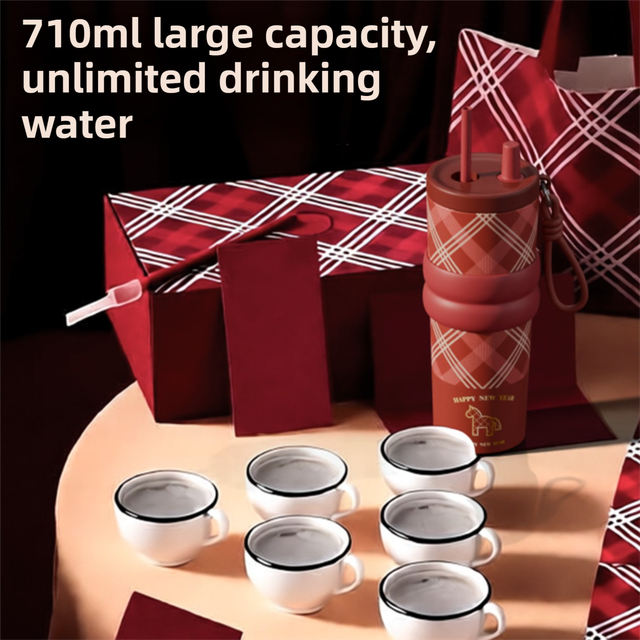 Beige British Equestrian Plaid 710ML Insulated Travel Mug with Dual-Drink Lid, Straw & Straw Cap - Ceramic Liner Car Coffee Tumbler with Tea Water Separator Ball and Matching Protective Sleeve (Delux Gift Box)