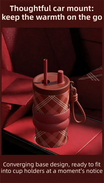 Beige British Equestrian Plaid 710ML Insulated Travel Mug with Dual-Drink Lid, Straw & Straw Cap - Ceramic Liner Car Coffee Tumbler with Tea Water Separator Ball and Matching Protective Sleeve (Delux Gift Box)