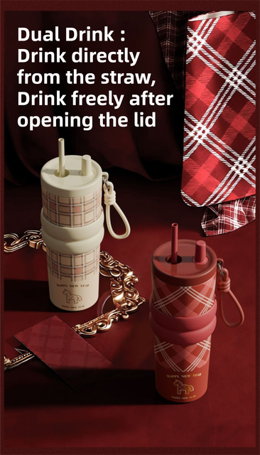 Red British Equestrian Plaid 710ML Insulated Travel Mug with Dual-Drink Lid, Straw & Straw Cap - 316 Stainless Steel Car Coffee Tumbler with Tea Water Separator Ball and Matching Protective Sleeve (Delux Gift Box)