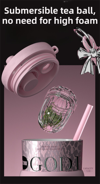 710ML Silver Luxury Gradient Textured Aurora Starry Night Insulated Travel Mug (Bow Pendant Gift Box) – 316 Stainless Steel Car Coffee Tumbler with Pop-Up Straw Dual Lid, Sinking Tea Infuser Ball and Cup Sleeve