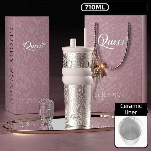 710ML Silver Luxury Gradient Textured Aurora Starry Night Insulated Travel Mug (Bow Pendant Gift Box) – Ceramic Liner Car Coffee Tumbler with Pop-Up Straw Dual Lid, Sinking Tea Infuser Ball and Cup Sleeve