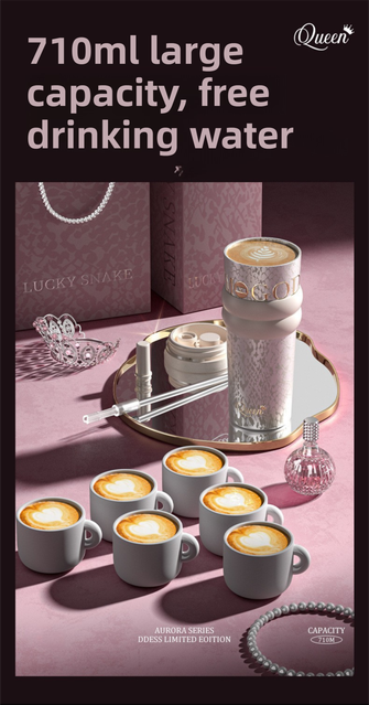 710ML Silver Luxury Gradient Textured Aurora Starry Night Insulated Travel Mug (Bow Pendant Gift Box) – Ceramic Liner Car Coffee Tumbler with Pop-Up Straw Dual Lid, Sinking Tea Infuser Ball and Cup Sleeve