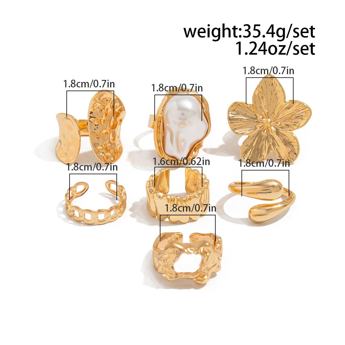 3 Colors Set of 7-Piece Liquid Lava Flower Stacking Open Rings with Imitation Pearls & Geometric Dripping Oil - Hollow Joint Knuckle Ring for Women, Gold + White + Orange
