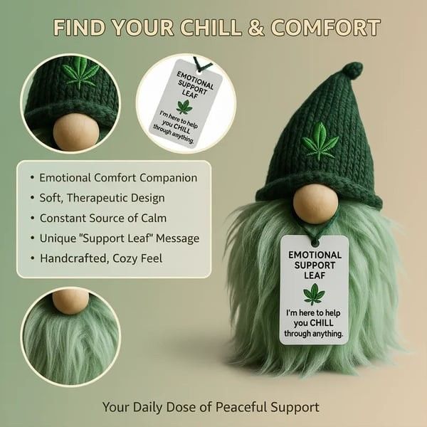 Emotional Support Weed Gnome Crocheted Doll – Handmade Knitted Plush Table Desktop Figurine with Beanie & Motivational Tag, Novelty Birthday Party Gift
