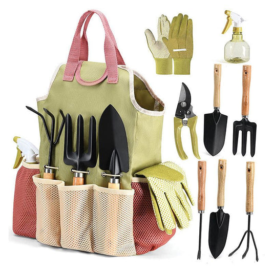 Premium 9-Piece Carbon Steel Garden Tool Set with Organizer Tote Bag – Heavy Duty Gardening Hand Kit with Ergonomic Wooden Handles, Spray Bottle, and Protective Gloves, Perfect Horticulture Gift for Women