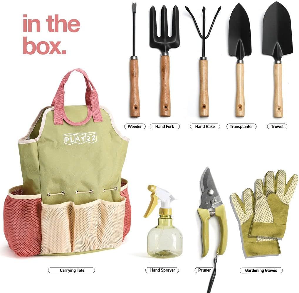 Premium 9-Piece Carbon Steel Garden Tool Set with Organizer Tote Bag – Heavy Duty Gardening Hand Kit with Ergonomic Wooden Handles, Spray Bottle, and Protective Gloves, Perfect Horticulture Gift for Women