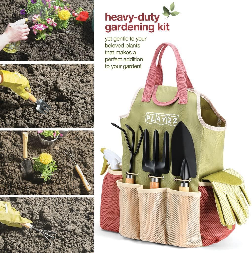 Premium 9-Piece Carbon Steel Garden Tool Set with Organizer Tote Bag – Heavy Duty Gardening Hand Kit with Ergonomic Wooden Handles, Spray Bottle, and Protective Gloves, Perfect Horticulture Gift for Women