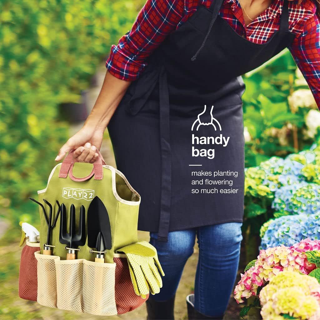 Premium 9-Piece Carbon Steel Garden Tool Set with Organizer Tote Bag – Heavy Duty Gardening Hand Kit with Ergonomic Wooden Handles, Spray Bottle, and Protective Gloves, Perfect Horticulture Gift for Women