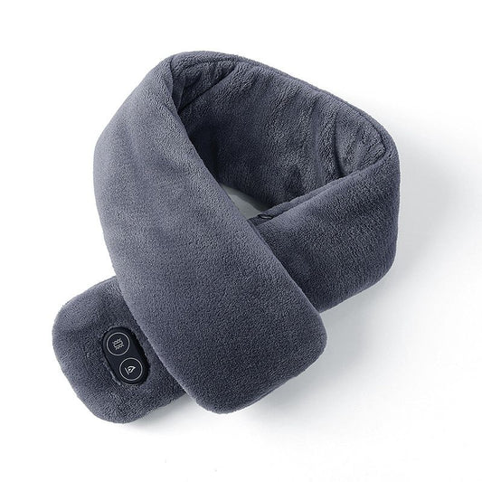 Grey Plush USB Heated Massage Neck Scarf with 3 Temp & 3 Vibration Massage Modes - Washable Winter Neck Warmer, Built-in Power Bank Zippered Storage Bag for Men and Women