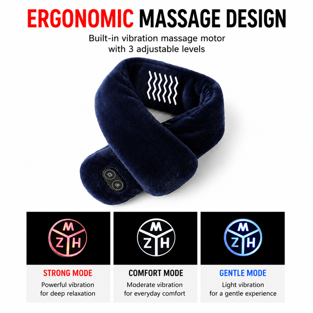 Red Plush USB Heated Massage Neck Scarf with 3 Temp & 3 Vibration Massage Modes - Washable Winter Neck Warmer, Built-in Power Bank Zippered Storage Bag for Men and Women
